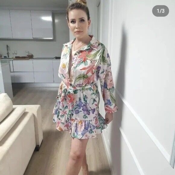 Zara Floral Ruffled Mini Shirt Dress Bloggers Fave - Picture 6 of 12